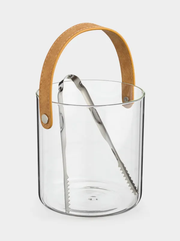 Ведро для льда, 14 см, с ручкой и щипцами, стекло/искусственная кожа, Clear devo, image-2