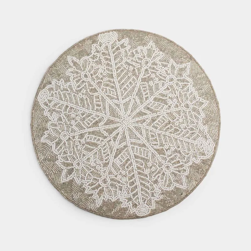 Салфетка под приборы, 36 см, бисер, круглая, серебристая, Снежинка, Art beads