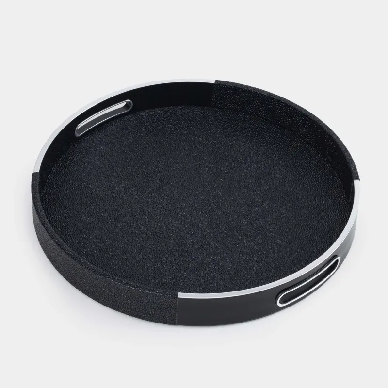 Поднос, 34 см, искусственная кожа/пластик, круглый, черно-серебристый, Leather trend, image-2