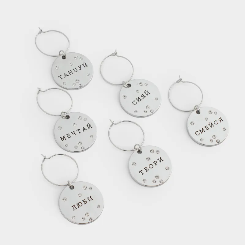 Подвеска для бокала, 6 шт, металл/стразы, серебристая, Пожелания на медальоне, Fantastic, image-1