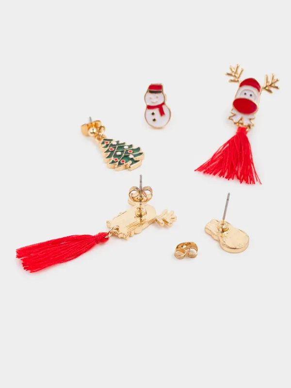 Серьги-пусеты, 1/2/4 см, 6 шт, металл, золотистые, Снеговик/Елка/Олень, Jewelry christmas, image-3