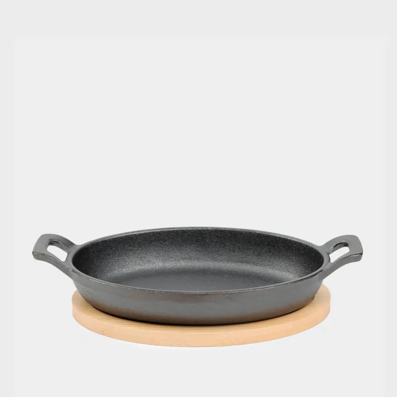 Сковорода, 18х12 см, на подставке, с ручками, чугун/бамбук, овальная, Authentic