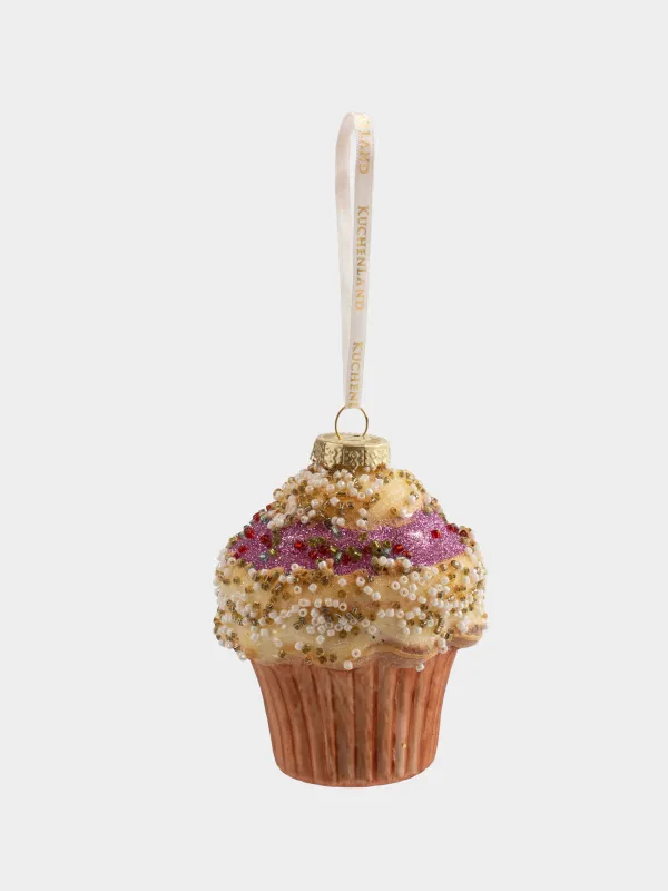 Игрушка елочная, 7x10 см, стекло, с блестками, молочно-розовая, Кекс, Figure sparkle, image-2