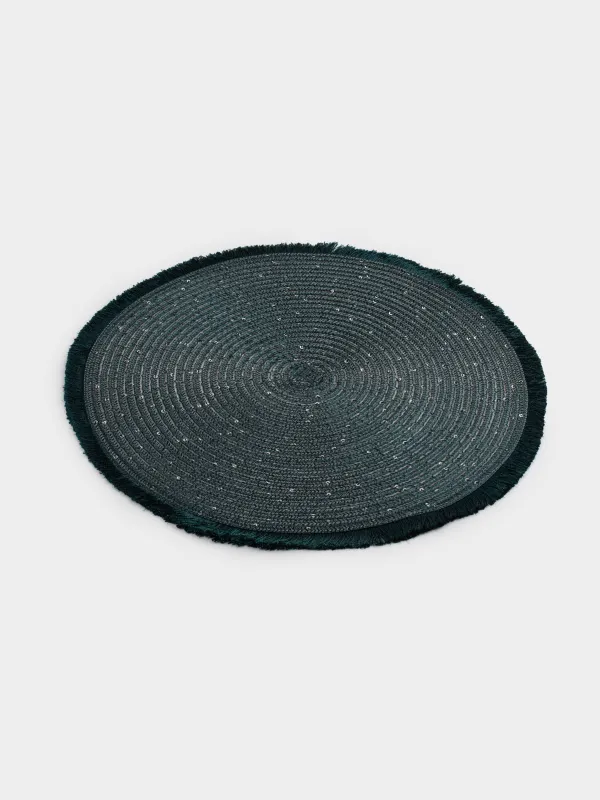 Салфетка под приборы, 38 см, с бахромой и пайетками, полиэстер, круглая, зеленая, Rotary shine, image-1