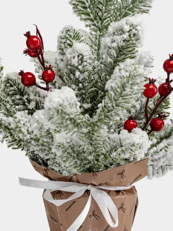 Композиция новогодняя, 34 см, в крафте, Заснеженная хвоя с шиповником, Snowy decor, image-1