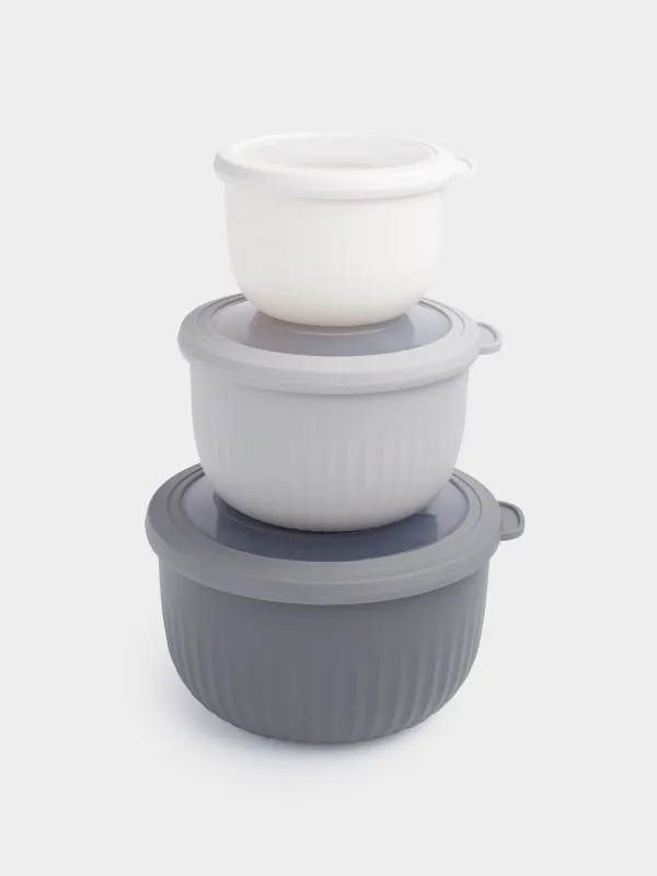 Набор мисок, 3 шт, с крышкой, пластик, белая/серая/графитовая, Flow, image-0