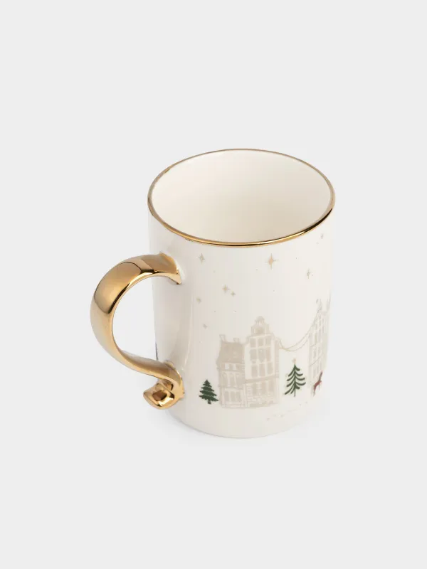 Кружка, 390 мл, фарфор N, молочно-золотистая, Домики и лошадь, Snow sparks, image-1