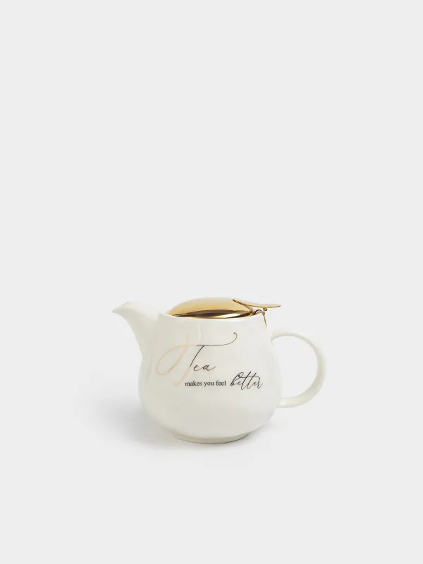 Чайник заварочный, 500 мл, фарфор P/сталь, молочно-золотистый, Мятый эффект, Crumple kitchen, image-0