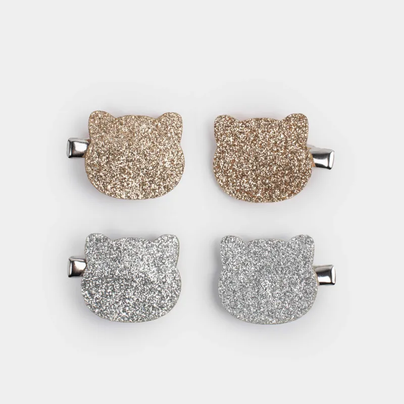 Набор заколок для волос, 3 см, 4 шт, детский, металл, серебристый/шампань, Кот, Cat