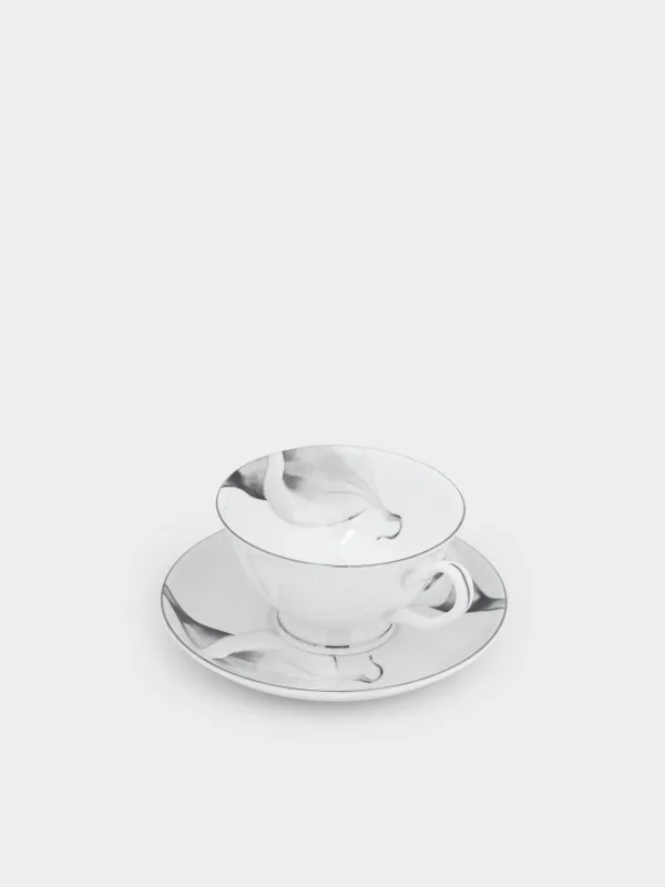 Пара чайная, 1 перс, 2 пр, 220 мл, фарфор F, белая, с серебристым кантом, Каллы, Aroid, image-1