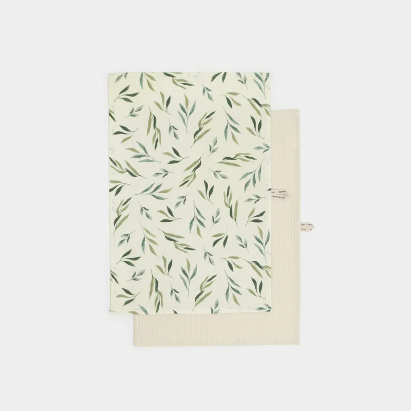 Полотенце кухонное, 40х60 см, 2 шт, хлопок, молочное, Зеленые ветви, Meadow