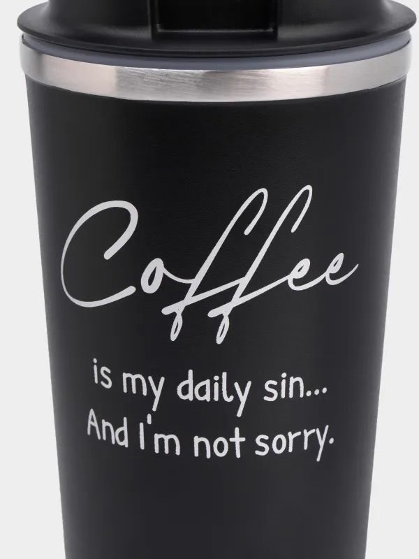 Термокружка, 450 мл, сталь/пластик, черная, с надписью, Coffee time, image-2