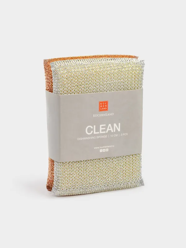 Губка для мытья посуды, 13х9 см, 2 шт, дакрон/поролон, золотистая/серебристая, Clean, image-6