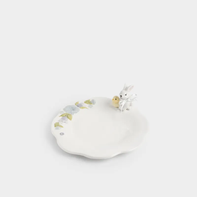Блюдо, 25 см, керамика D, молочное, Кролик и цыпленок с цветами, Easter