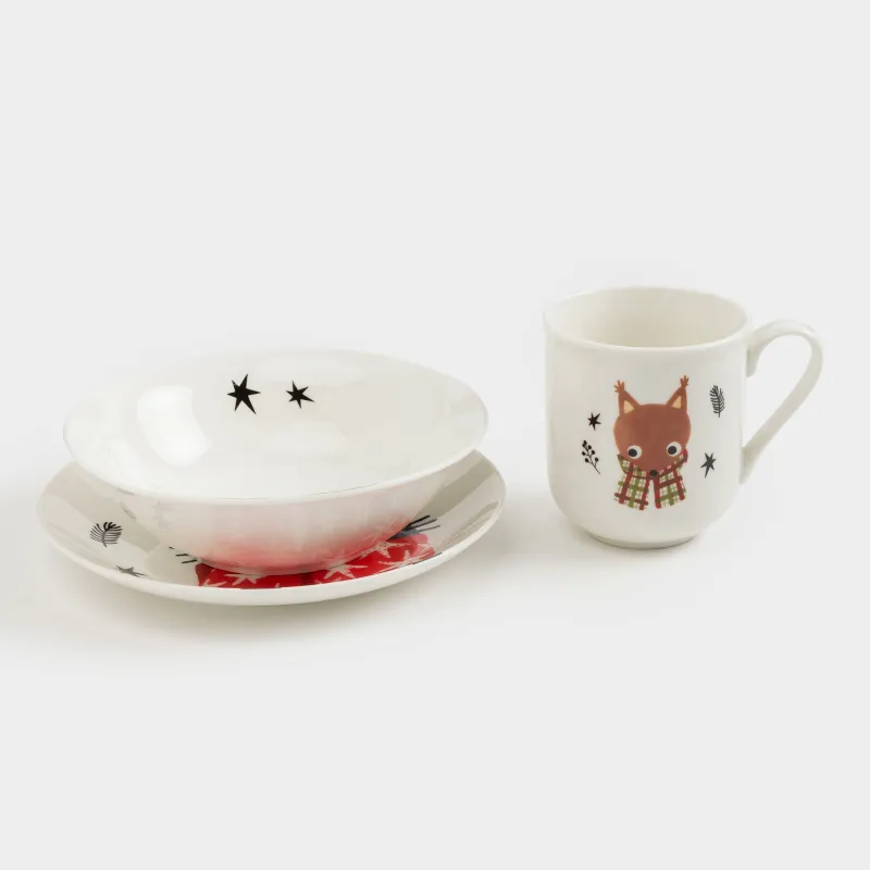Набор посуды, детский, 1 перс, 3 пр, фарфор N, белый, Животные в шарфах, Forest animals, image-4