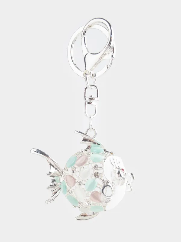 Брелок, 12 см, металл/стразы, серебристый, Рыба-шар, Keychain crystal, image-0