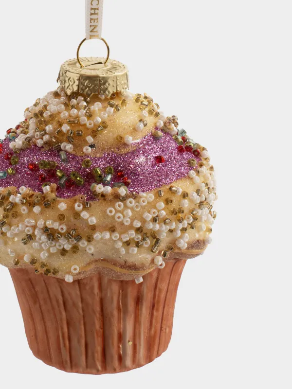 Игрушка елочная, 7x10 см, стекло, с блестками, молочно-розовая, Кекс, Figure sparkle, image-1