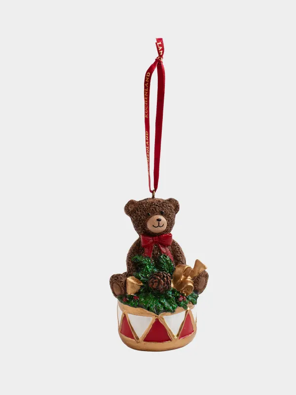 Игрушка елочная, 9 см, полирезин, коричневая, Медведь с барабаном, Figure christmas, image-3