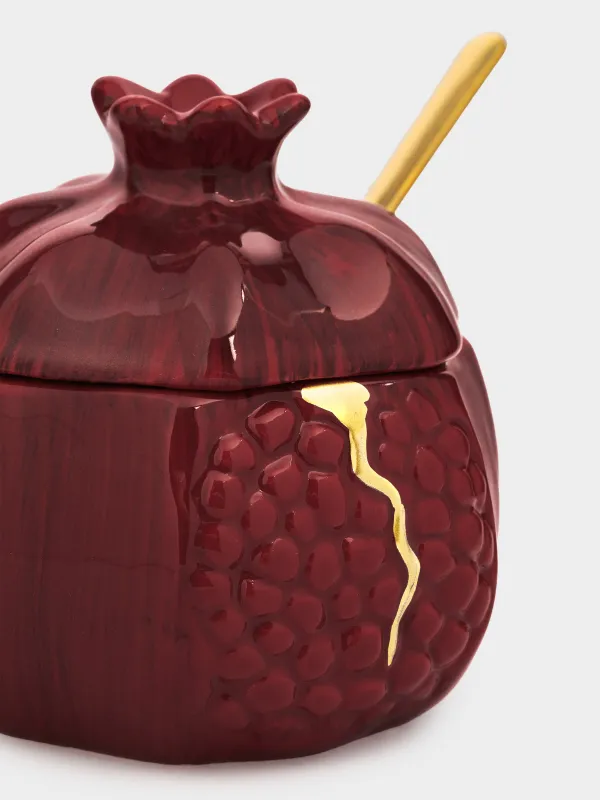 Сахарница, 9 см, 170 мл, с ложкой, керамика/сталь, бордово-золотистая, Гранат, Pomegranate, image-1