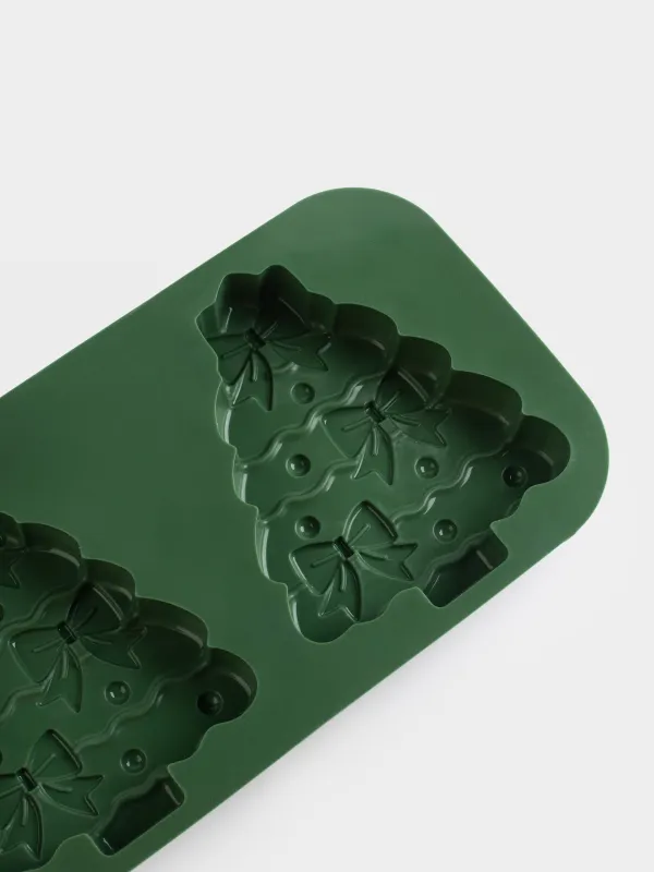 Форма для выпечки кексов, 27х15 см, 2 отд, силикон, зеленая, Елки с бантами, Bakery color, image-3