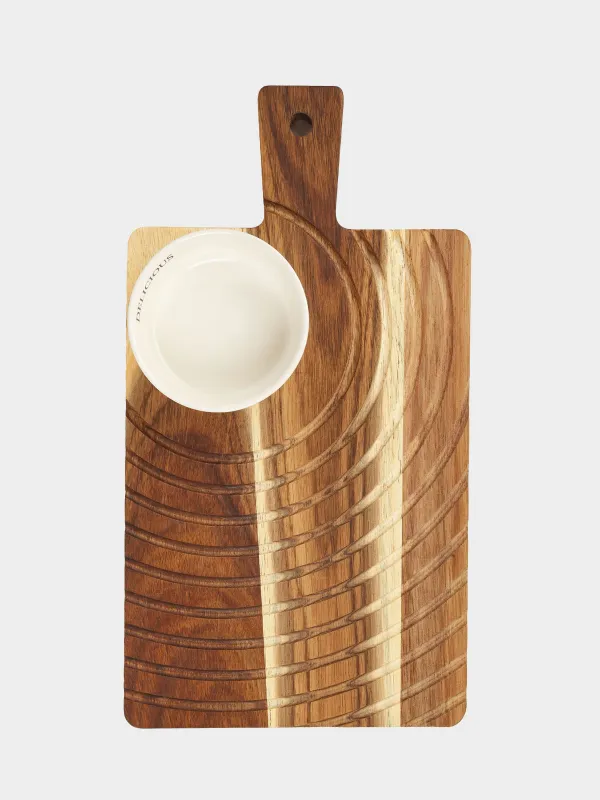 Блюдо для закусок, 33х18 см, с пиалой, дерево/керамика, Фактурные линии, Noble flow, image-3