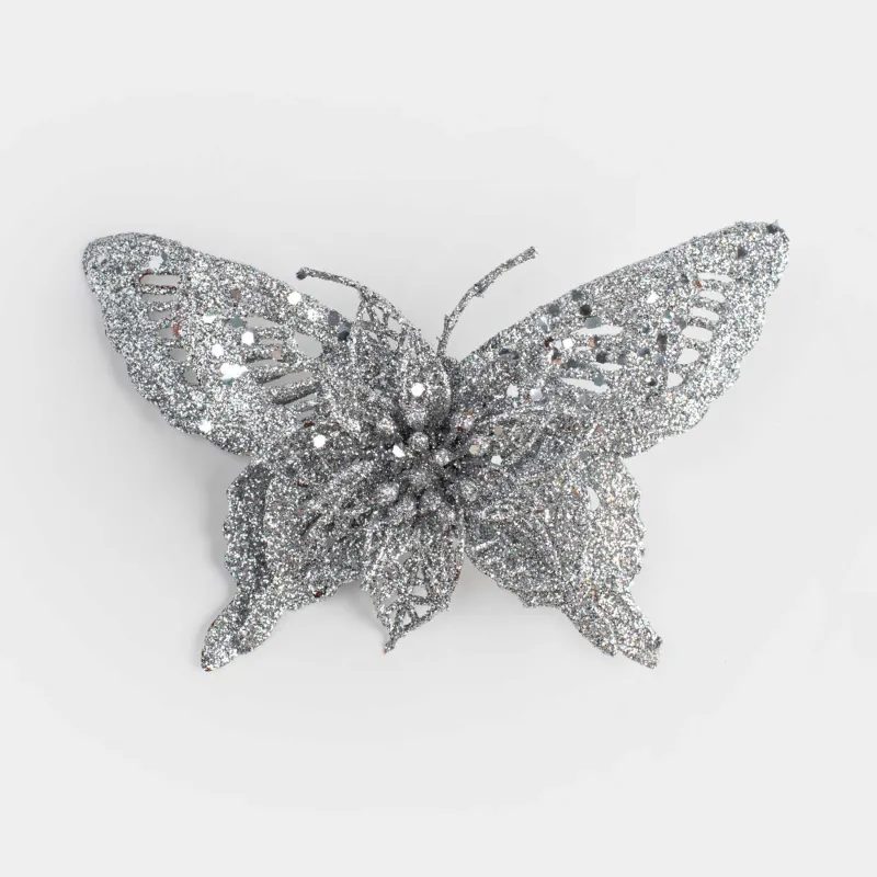 Украшение декоративное, 16 см, на клипсе, пластик, серебристое, Бабочка с цветком, Flower decor