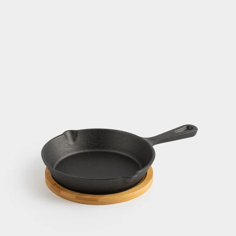 Сковорода, 14 см, на подставке, чугун/бамбук, круглая, черная, Authentic 