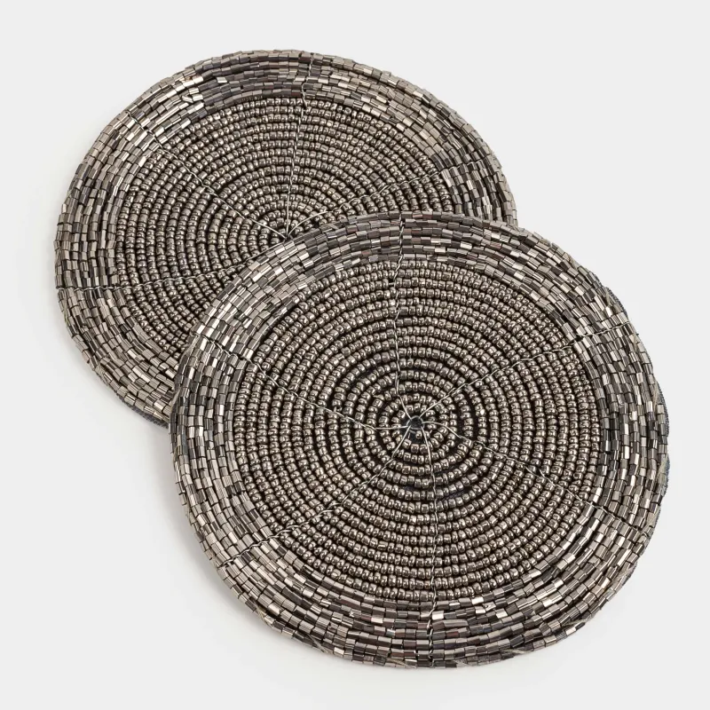 Подставка под кружку, 10 см, 2 шт, бисер, круглая, темно-серая, Shiny beads, image-3