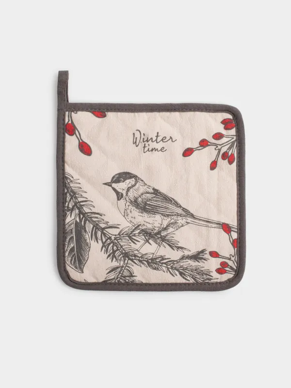 Прихватка, 20x20 см, хлопок, квадратная, серо-бежевая, Снегирь на ветке, Bullfinchs, image-0