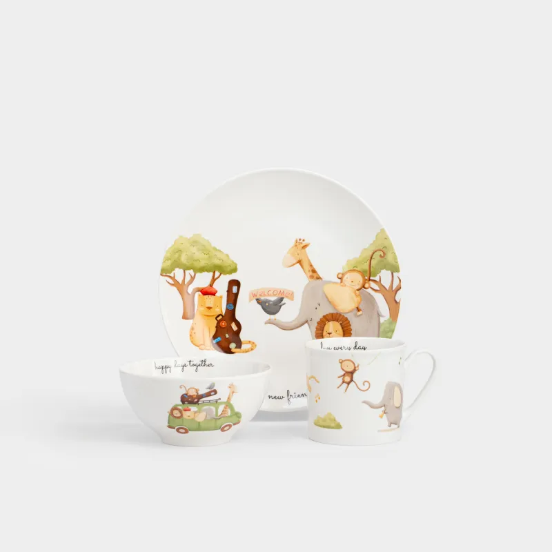 Набор посуды, детский, 1 перс, 3 пр, фарфор N, белый, Музыкальные животные, Jungle