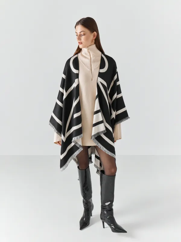 Пончо с бахромой, двустороннее, молочно-черное, Poncho, image-0