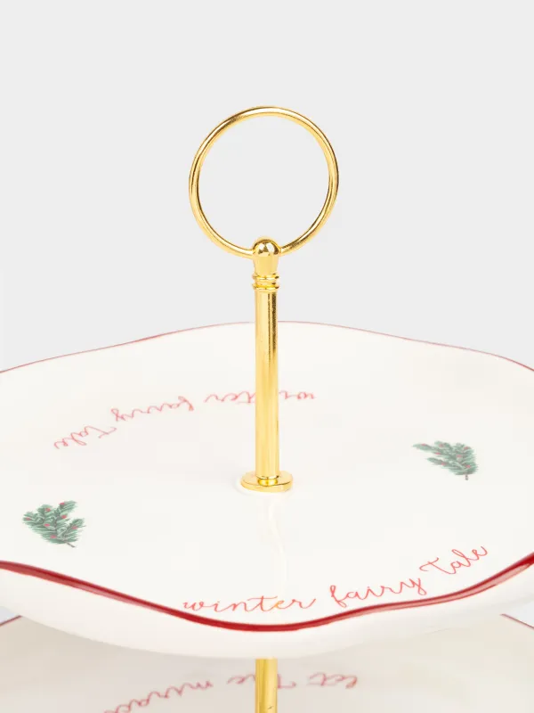 Подставка для пирожных, 23х21/26 см, 2 яруса, керамика/металл, Еловые ветки, Christmas tree, image-1