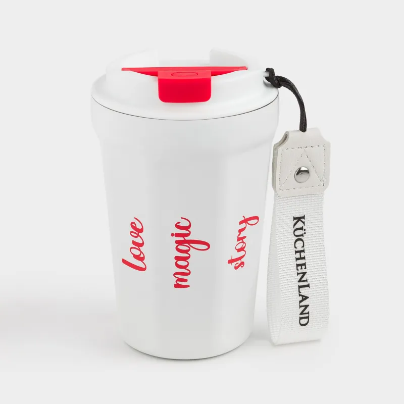 Термокружка, 350 мл, с ремешком, сталь/пластик/текстиль, бело-красная, Story