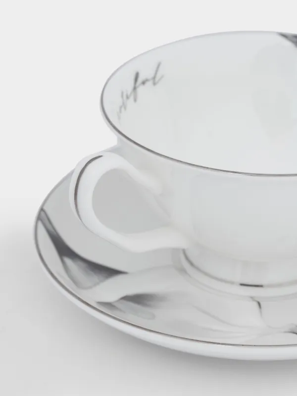 Пара чайная, 1 перс, 2 пр, 220 мл, фарфор F, белая, с серебристым кантом, Каллы, Aroid, image-4