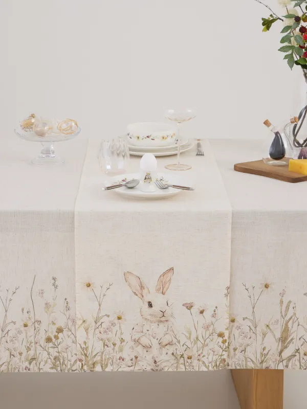 Дорожка настольная, полиэстер/лен, бежевая, Bunny in flowers, image-2