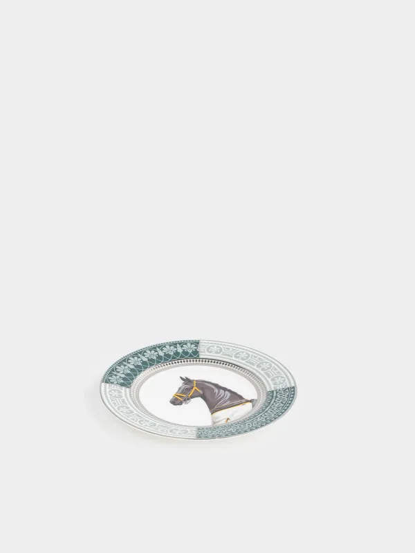 Тарелка закусочная, 21 см, фарфор F, бело-зеленая, с серебристым кантом, Конь, Breton horse, image-1