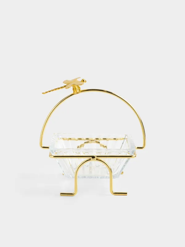 Пиала, 12х12х5 см, 250 мл, на подставке, стекло/металл, золотистая, Стрекоза, Dragonfly, image-0