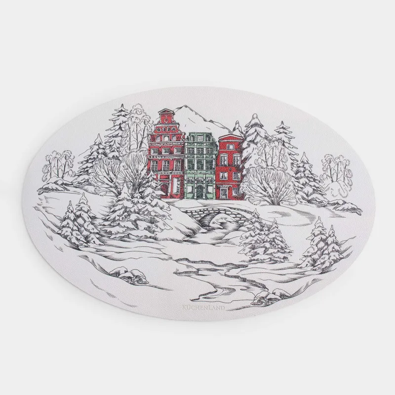Салфетка под приборы, 30х45 см, ПВХ, овальная, белая, Дома в зимнем лесу, Rock print
