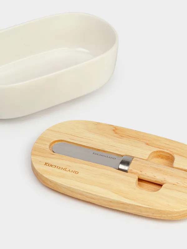 Масленка, 15 см, с ножом, фарфор N/дерево, овальная, Light kitchen, image-3