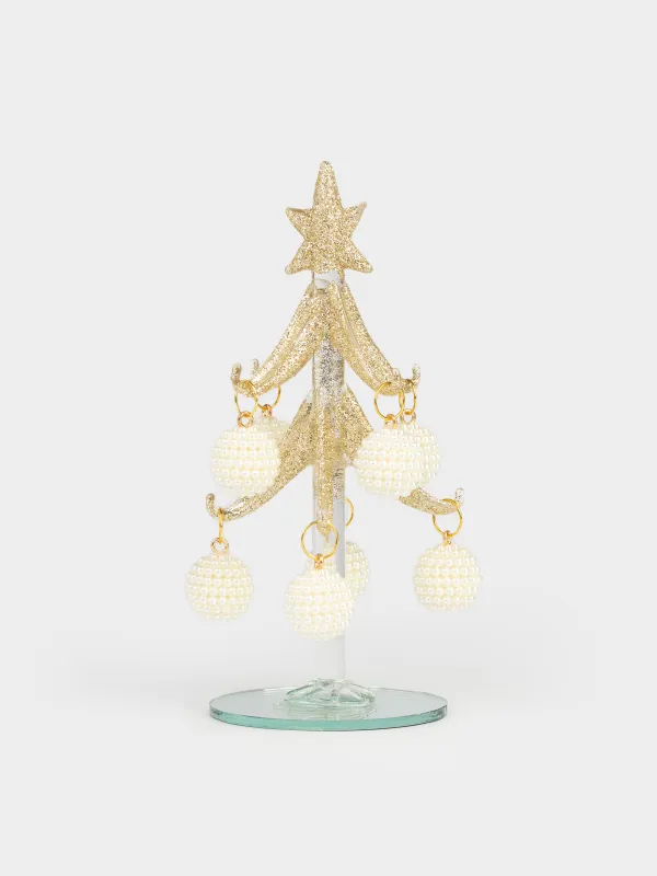 Статуэтка, 15 см, с подвесками, стекло, золотистая, Ель с шишками, Christmas vitreous, image-0