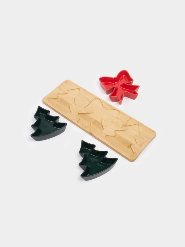 Набор для закусок, 3 пр, на подставке, фарфор P/бамбук, зеленый/красный, Ель и бант, Bamboo, image-3