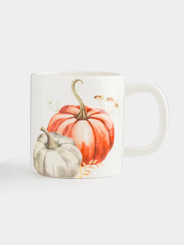 Кружка, 420 мл, керамика, белая, Тыквы и листья, Forest symphony, image-0