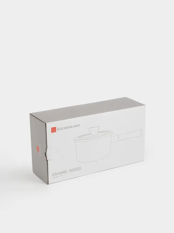 Ковш, 16 см, 1,6 л, с крышкой, металл эмалированный/дерево, молочный, Enamel wood, image-6