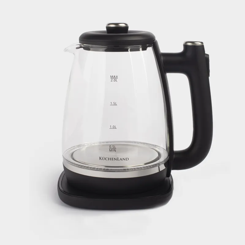 Чайник электрический, 2 л, 1500 Вт, стекло/пластик, черный, Progress plus
