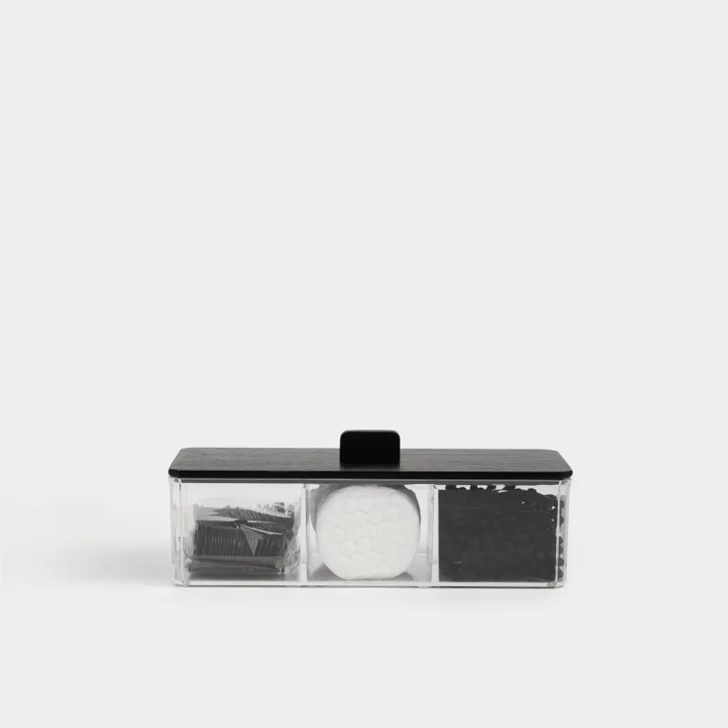 Контейнер с ватными дисками/палочками/зубными нитями, 23х8 см, 3 отд, пластик, Basic black