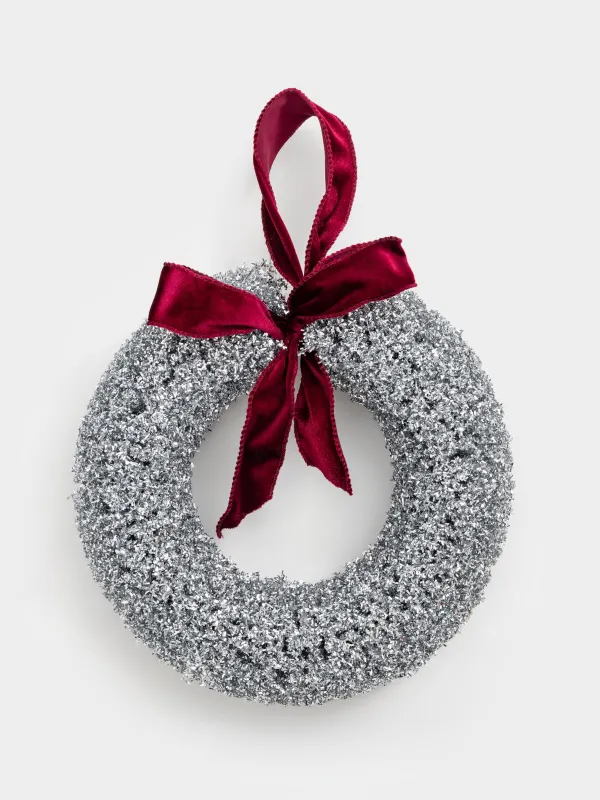 Венок рождественский, 30 см, пластик/металл, серебристый, Бант, Frosty sparks, image-0