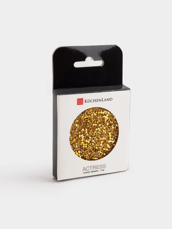 Зеркало карманное, 7 см, двустороннее, сталь, золотистое, Блестки, Actress, image-4