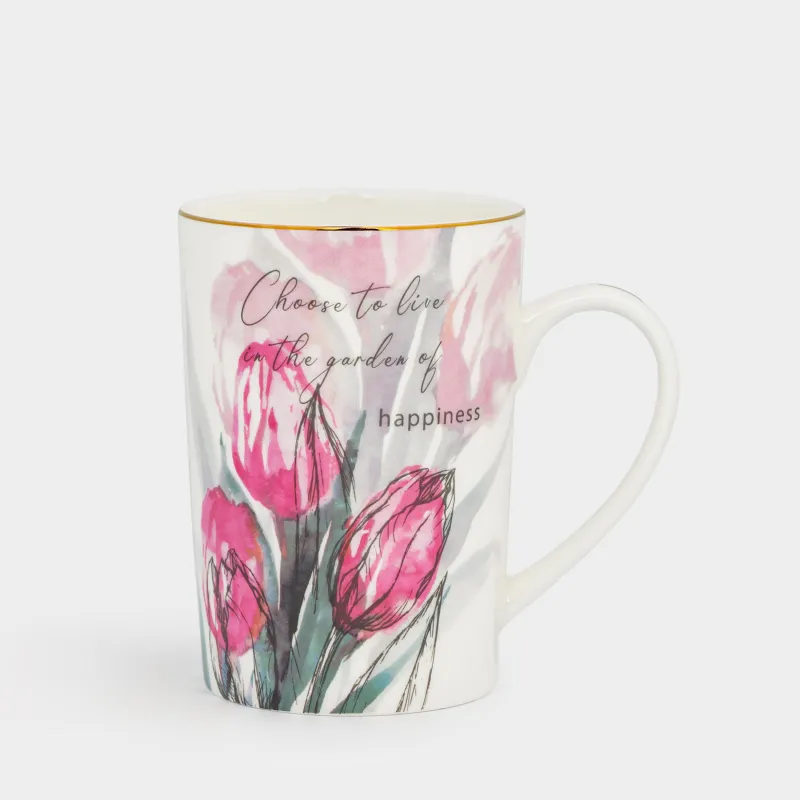 Кружка, 450 мл, фарфор F, белая, с золотистым кантом, Тюльпаны, Tulip garden