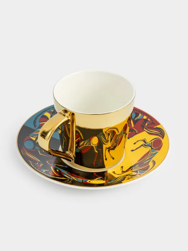 Пара чайная, 1 перс, 2 пр, 300 мл, фарфор P, золотистая, Кони, Horse art, image-1