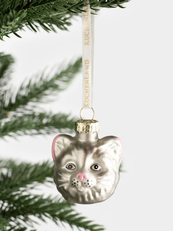 Игрушка елочная, 4 см, стекло, с блестками, серая, Кот, Figure christmas, image-2